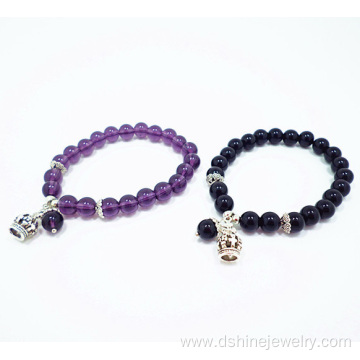 Black Onyx Beads Bracelet With Crown Drop Pendant Bracelet